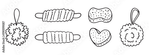 loofah or Shower puff and soft mesh bath sponge doodle hand drawn set. Accessory for washing, body care, personal hygiene. 