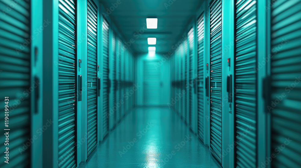 Fototapeta premium A dimly lit corridor lined with storage units, featuring metallic doors and a cool blue-green ambiance.