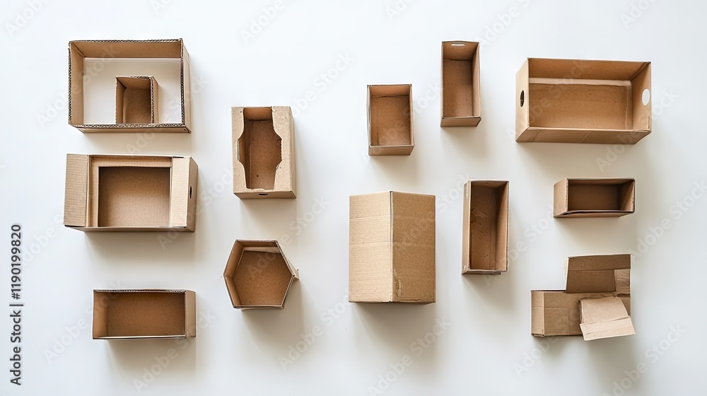 Obraz premium A group of cardboard boxes, some open and some closed, arranged casually on a white surface