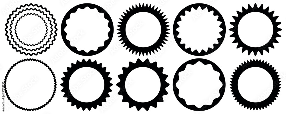 Set of round scalloped frame set. Circle and square round scalloped frame set. Scalloped edge rectangle and ellipse shapes. Simple label and sticker form. Picture or photo frames, empty text boxes, Set of round scalloped frame set. Circle and square round scalloped frame set. Scalloped edge rectangle and ellipse shapes. Simple label and sticker form. Picture or photo frames, empty text boxes,