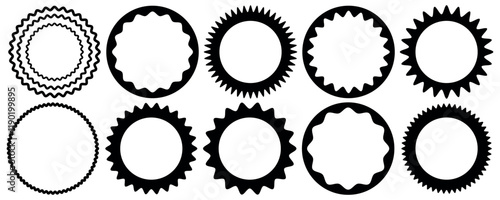 Set of round scalloped frame set. Circle and square round scalloped frame set. Scalloped edge rectangle and ellipse shapes. Simple label and sticker form. Picture or photo frames, empty text boxes, 