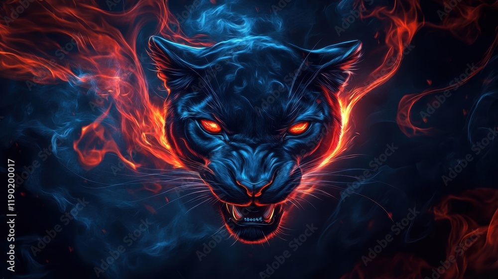 Fierce Black Panther Surrounded by Fiery Blue and Red Smoke Effects Fierce Black Panther Surrounded by Fiery Blue and Red Smoke Effects