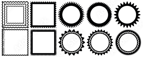 Set of scalloped border and round frame set. Square circle and rectangle shape. Vector lace frill. Scalloped edge rectangle shape. Zig zag stamps or wiggle stickers for photo, badge, tag design. Curvy