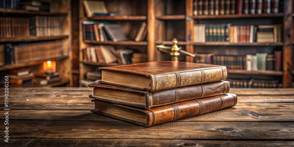 A stack of leather-bound dictionaries with a old wooden table and bookshelf in the background , antique, writing, antique A stack of leather-bound dictionaries with a old wooden table and bookshelf in the background , antique, writing, antique
