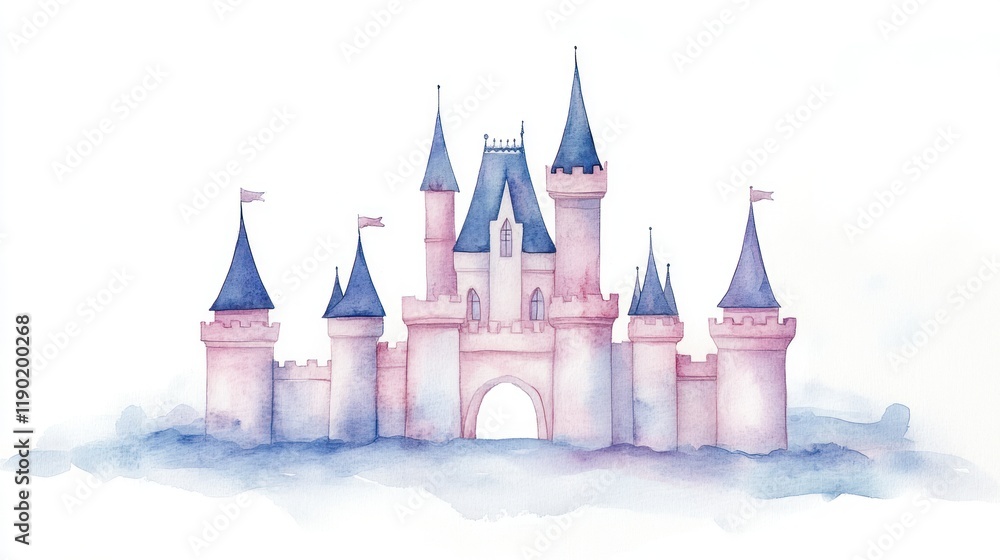 Fototapeta premium Enchanting Watercolor Pink Castle on Isolated White Background - Magical Fairytale Illustration
