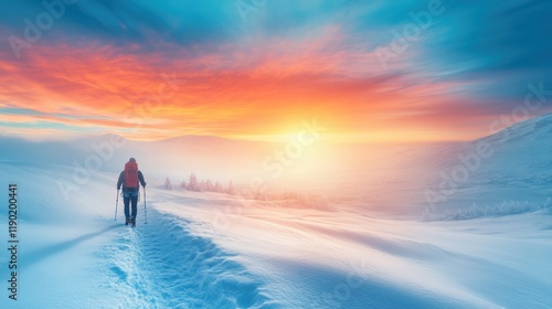 Adventurer Hiking Through Winter Landscape at Sunset Glow