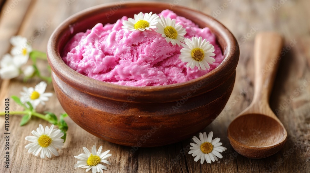 Creamy Pink Ice Cream with Daisies in Wooden Bowl on Rustic Surface Creamy Pink Ice Cream with Daisies in Wooden Bowl on Rustic Surface