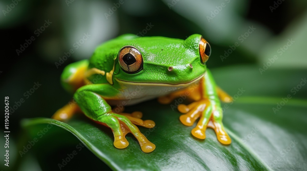 Bright Green Frog Sitting on Leaf in Jungle Bright Green Frog Sitting on Leaf in Jungle