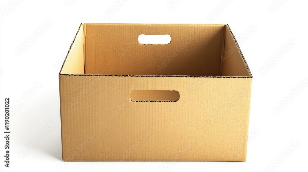 A large cardboard box with handles cut out on the sides, isolated on a bright white background A large cardboard box with handles cut out on the sides, isolated on a bright white background