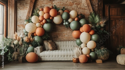 A large organic-style balloon garland in earthy tones like terracotta, sage green, and cream, placed in a cozy indoor setting