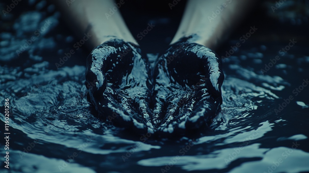 Hands Holding Dark Liquid in Water Creating Mysterious Atmosphere Hands Holding Dark Liquid in Water Creating Mysterious Atmosphere