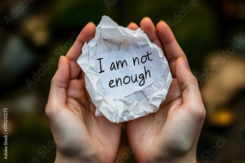 Hands Holding a Crumpled Note of Self-Doubt photo