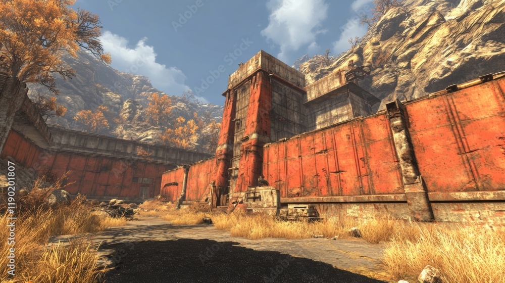 Abandoned industrial site surrounded by mountains and autumn foliage Abandoned industrial site surrounded by mountains and autumn foliage