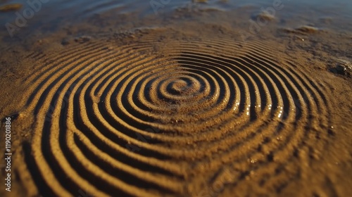 Intricate Pattern of Waves on Sandy Beach Shoreline at Sunset