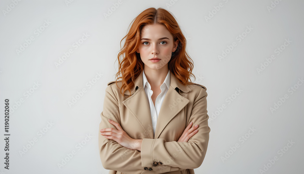 Confident redhead woman in beige trench coat, arms crossed, neutral background. Confident redhead woman in beige trench coat, arms crossed, neutral background.
