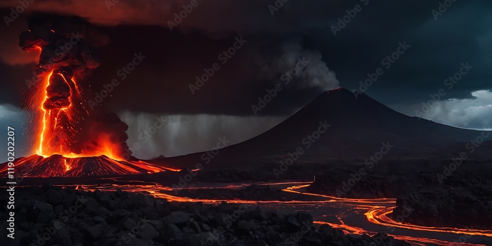 A hyper-realistic depiction of a violent volcano eruption, lava explosively bursting from the crater, lit by dramatic lightning strikes in the background, utilizing three-point lighting A hyper-realistic depiction of a violent volcano eruption, lava explosively bursting from the crater, lit by dramatic lightning strikes in the background, utilizing three-point lighting