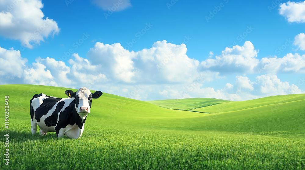 A black and white cow standing in a green pasture A black and white cow standing in a green pasture