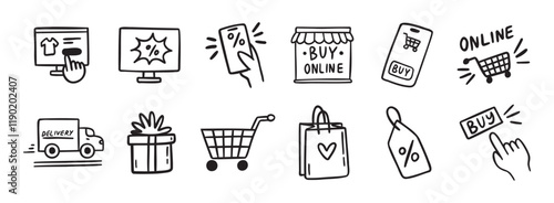 e-commerce online shopping doodle hand drawn icon set. Outline drawing e-commerce online shopping line clipart symbol collection