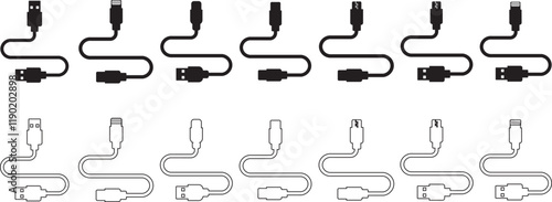 USB cable port icon set. USB type C A lightning and micro usb mobile phone charger vector collection isolated transparent. Plug adapter symbol. Electronic device connector. Smartphone charger sign