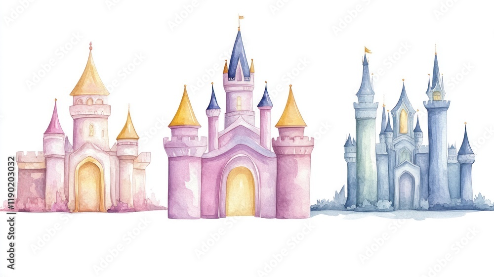 Fototapeta premium Enchanting Watercolor Pink and Yellow Castle Isolated on White Background
