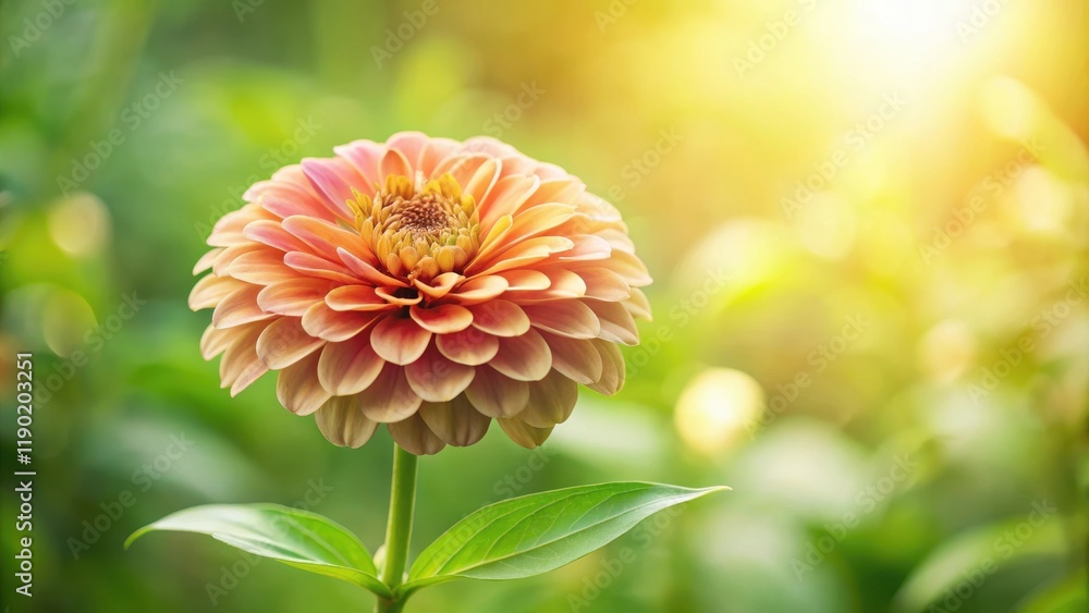 A Delicate Peach-Colored Zinnia Flower Basking in Warm Sunlight in a Lush Green Garden A Delicate Peach-Colored Zinnia Flower Basking in Warm Sunlight in a Lush Green Garden