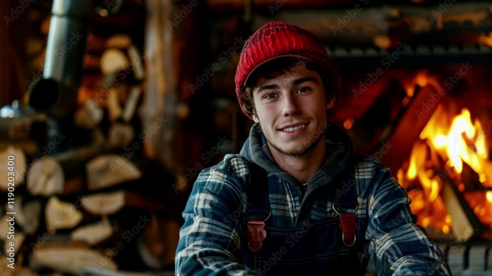 smiling young man in overalls and hard hat near fireplace with burning firewood smiling young man in overalls and hard hat near fireplace with burning firewood