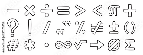 math symbols doodle hand drawn icon set. Outline drawing line clipart symbol collection