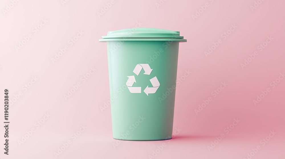 A single green trash bin with a white recycling logo, shown on a pastel pink background, blending simplicity and modern aesthetics A single green trash bin with a white recycling logo, shown on a pastel pink background, blending simplicity and modern aesthetics