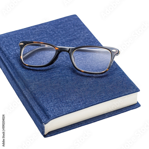 Stylish eyeglasses resting atop a blue hardcover book for a scholarly vibe. transparent background photo