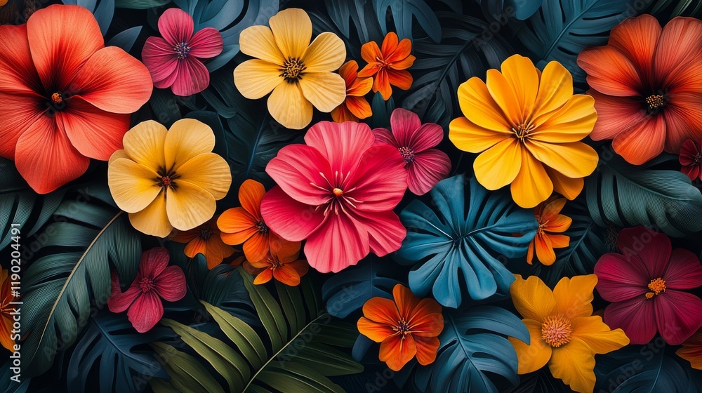 Vibrant Tropical Floral Arrangement with Lush Leaves and Colorful Blossoms in Dark Background Vibrant Tropical Floral Arrangement with Lush Leaves and Colorful Blossoms in Dark Background