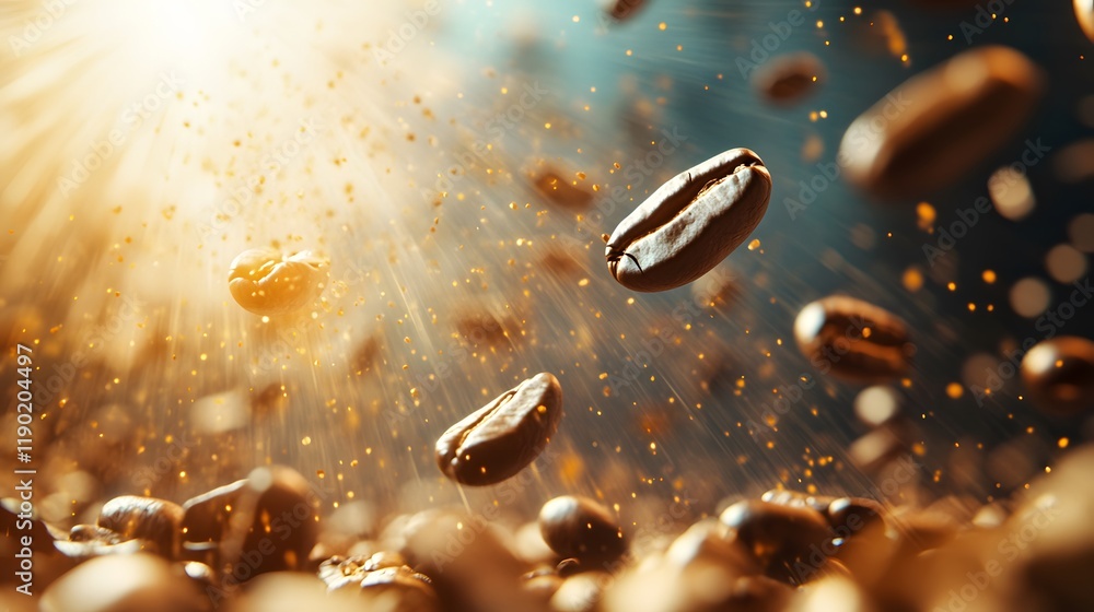 Roasted Coffee Beans Levitating in Golden Light Roasted Coffee Beans Levitating in Golden Light