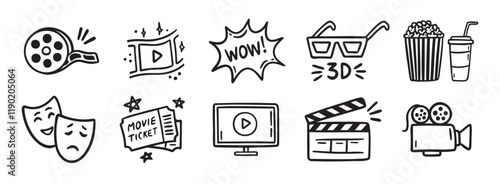 movie theater or cinema doodle hand drawn icon set. Outline drawing movie theater or cinema line clipart symbol collection