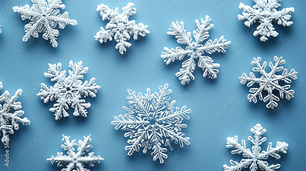 A collection of delicate white snowflakes arranged on a light blue background, showcasing unique shapes and designs. A collection of delicate white snowflakes arranged on a light blue background, showcasing unique shapes and designs.