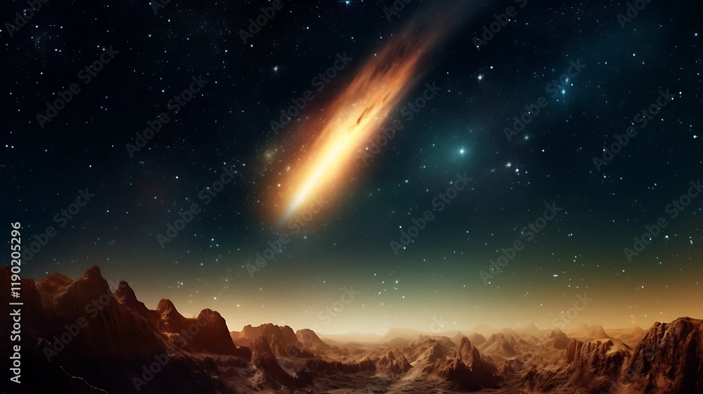 Fototapeta premium Fiery Comet Streaking Across Alien Planet Sky