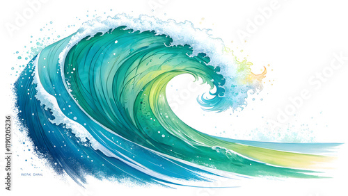 Vibrant brushstroke, fluid ribbon shape, abstract art, blue and green gradient, dynamic curve, paint swirl, colorful wave, digital illustration, neon colors, smooth transition, artistic swoosh, energe
