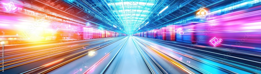Futuristic Train Station with Neon Lights and Motion Blur Effect Futuristic Train Station with Neon Lights and Motion Blur Effect