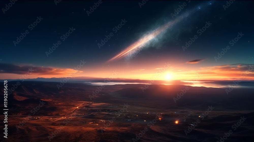 Obraz premium Majestic Sunset Landscape With Celestial Comet Across Night Sky