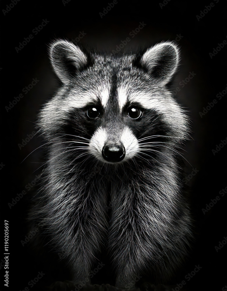 Front Of Raccoon In Style Of Black And White, Monochrome Photography. Fine Art Print. Close-up Moody Portrait Of Raccoon Face With Dramatic Contrast And Depth. Fine Art Photography Portrait.