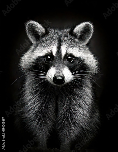 Obraz na płótnie Front Of Raccoon In Style Of Black And White, Monochrome Photography. Fine Art Print. Close-up Moody Portrait Of Raccoon Face With Dramatic Contrast And Depth. Fine Art Photography Portrait. w salonie