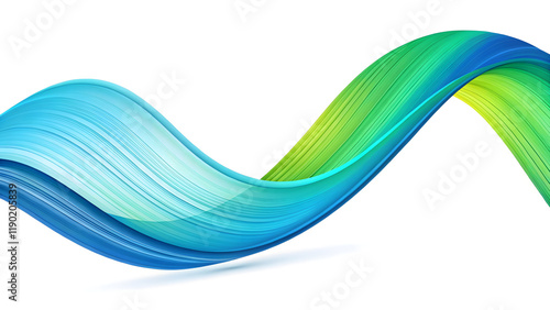 Vibrant brushstroke, fluid ribbon shape, abstract art, blue and green gradient, dynamic curve, paint swirl, colorful wave, digital illustration, neon colors, smooth transition, artistic swoosh, energe