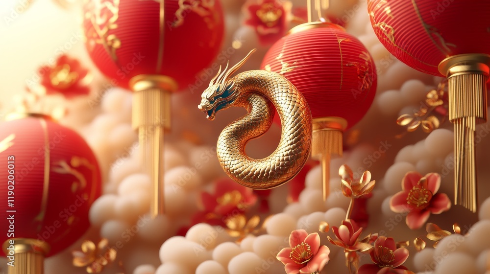Obraz premium Happy Chinese new year traditional red lantern and snake spiral cloud relief with golden flower background. Chinese translation : New year of snake