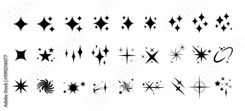 Shine icon set. Various clean stars in black color on white background. Sparkle star icons design