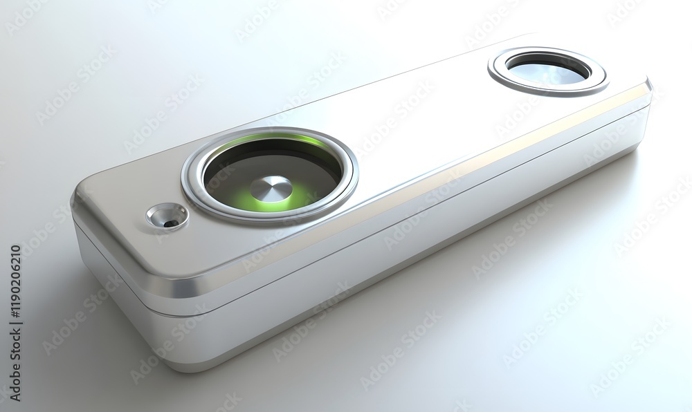 Fototapeta premium Futuristic silver rectangular device with two speakers and green light.