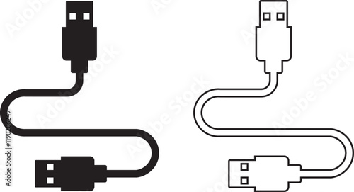 USB cable port icon set. USB type C A lightning and micro usb mobile phone charger vector collection isolated transparent. Plug adapter symbol. Electronic device connector. Smartphone charger sign