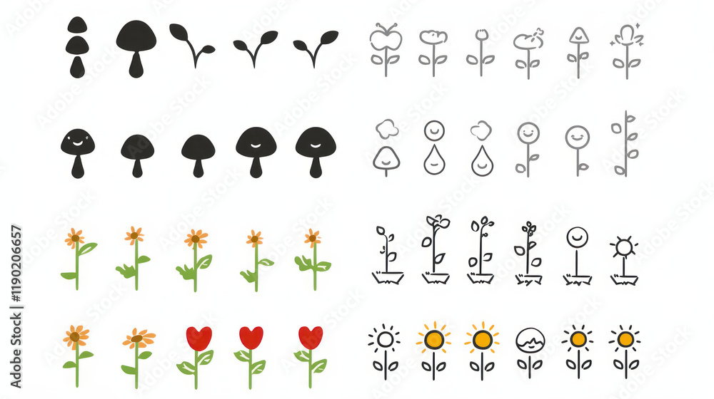 Cute illustrations of flowers, mushrooms, and plants in various styles Cute illustrations of flowers, mushrooms, and plants in various styles