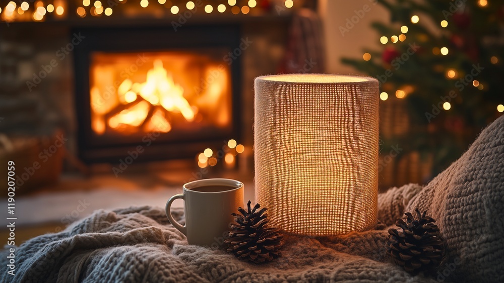 a soft fabric lampshade in a winter-themed space with near a crackling fireplace a soft fabric lampshade in a winter-themed space with near a crackling fireplace