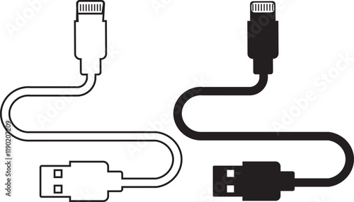 USB cable port icon set. USB type C A lightning and micro usb mobile phone charger vector collection isolated transparent. Plug adapter symbol. Electronic device connector. Smartphone charger sign