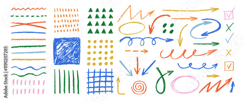 Colored crayon arrows, check, oval, pattern and grid collection. Freehand vector illustration with chalk or pastel texture on a white background.