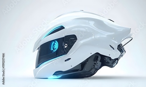 Futuristic white helmet with blue lights, side view. photo