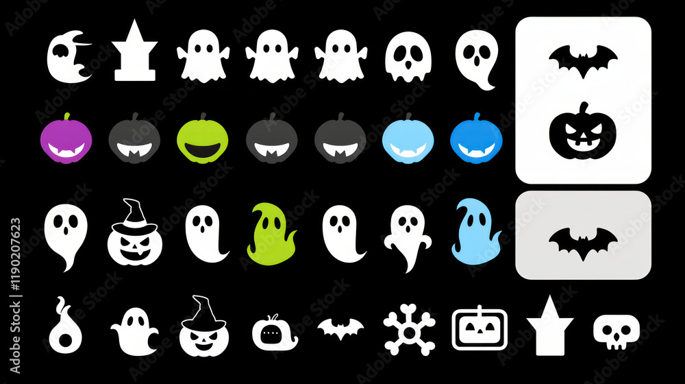 Obraz premium Halloween icons including ghosts, pumpkins, and bats for festive designs